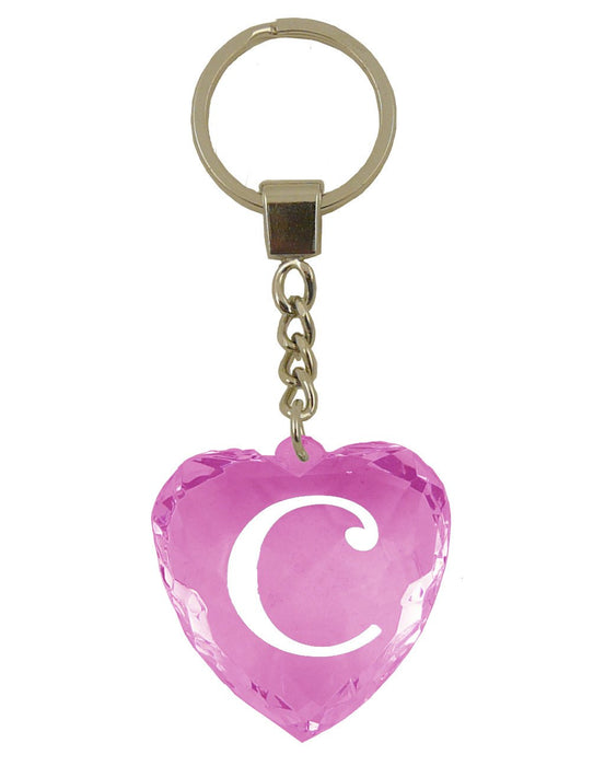 Initial Letter C Diamond Heart Keyring - Pink