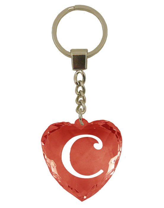 Initial Letter C Diamond Heart Keyring - Red