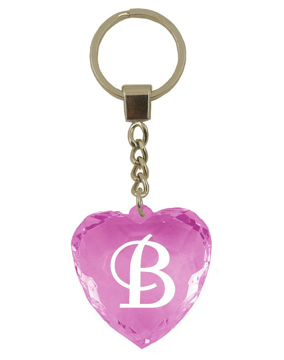 Initial Letter B Diamond Heart Keyring - Pink