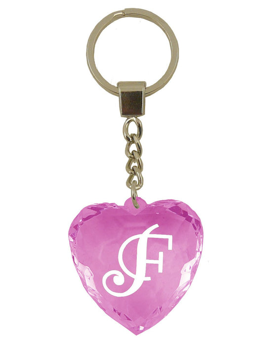 Initial Letter F Diamond Heart Keyring - Pink