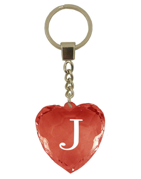 Initial Letter J Diamond Heart Keyring - Red