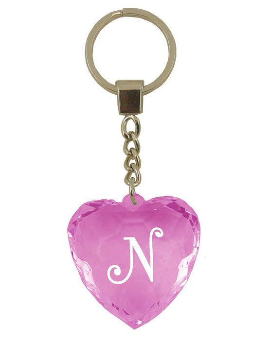 Initial Letter N Diamond Heart Keyring - Pink