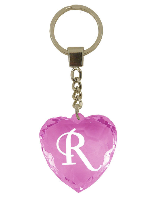 Initial Letter R Diamond Heart Keyring - Pink