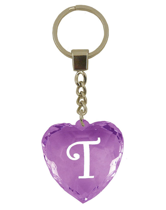 Initial Letter T Diamond Heart Keyring - Purple