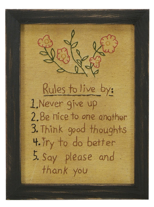 Stitcheries by Kathy Sign - Rules To Live By - Flower Design